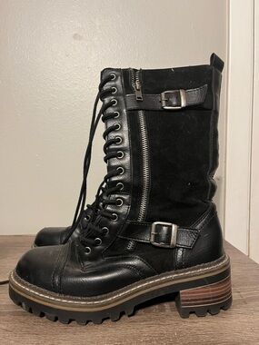 Black Lace-Up Combat Boots with Buckle and Side Zipper